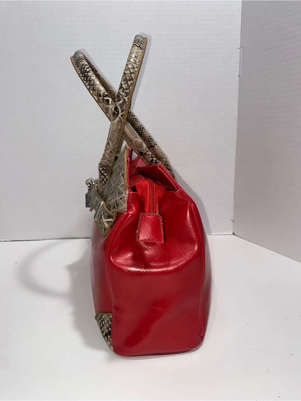Bolma Red & Snake Print Satchel Handbag - Picture 4 of 8
